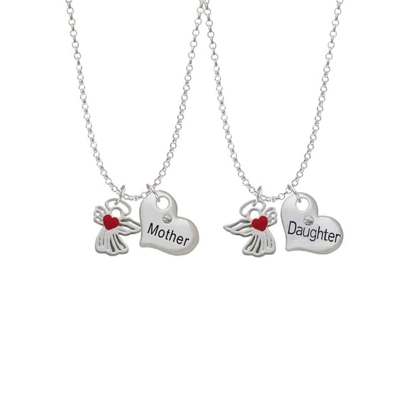 Delight Jewelry Silvertone Lined Angel with Red Heart Mother & Daughter Heart Necklaces (Set of 2), 19"+2"