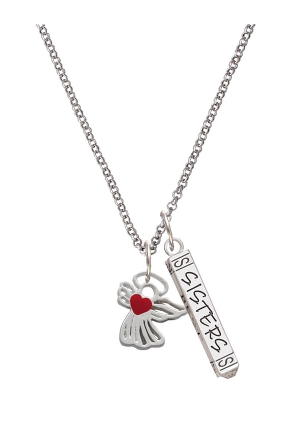Silvertone Lined Angel with Red Heart Silvertone Sisters Best Friends Forever Bar Charm Necklace, 23"