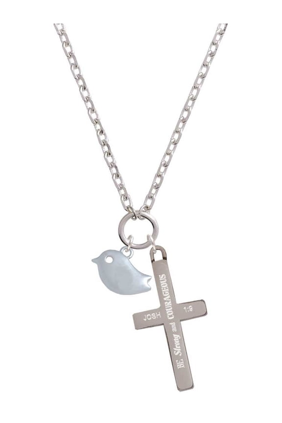 Silvertone Little Bird - Be Strong and Courageous Engraved Cross Zoey Necklace, 28"