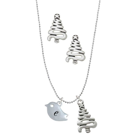 Delight Jewelry Silvertone Little Bird Initial - E - Silver tone Zig Zag Christmas Tree Charm Necklace and Stud Earrings