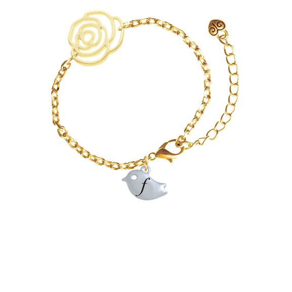 Delight Jewelry Silvertone Little Bird Initial - F - Gold-tone Flower Link Chain Bracelet, 6.75"+2" Extender