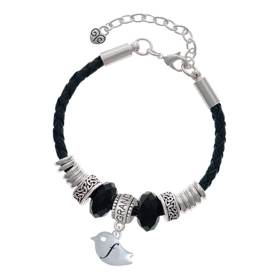 Delight Jewelry Silvertone Little Bird Initial - F - Granddaughter Celtic Knot Leather Bead Bracelet, 7"+2" Extender