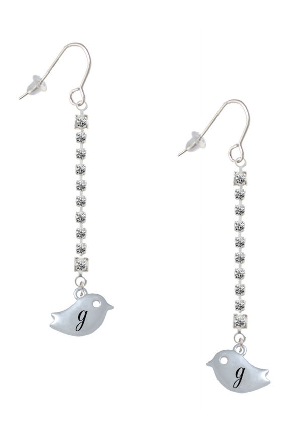 Silvertone Little Bird Initial - G - Silver-tone Long Sparkle Dangle French Earrings