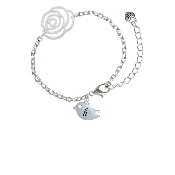 Delight Jewelry Silvertone Little Bird Initial - H - Silver-tone Flower Link Chain Bracelet, 6.75"+2" Extender
