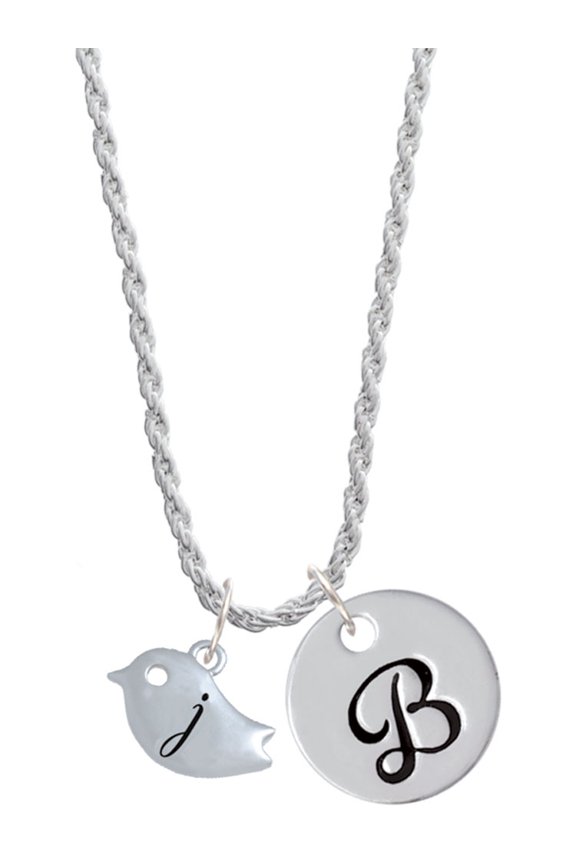 Silvertone Little Bird Initial - J - Silvertone Script Initial Disc - B - Charm Necklace, 20"+3"