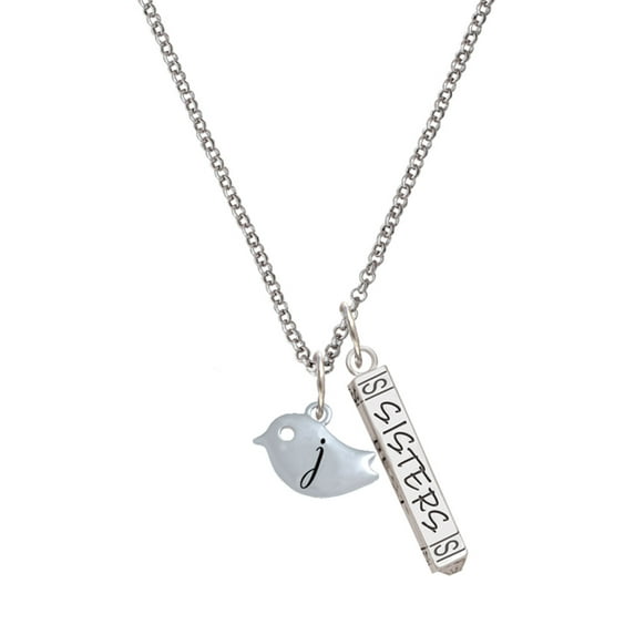 Delight Jewelry Silvertone Little Bird Initial - J - Silvertone Sisters Best Friends Forever Bar Charm Necklace, 23"