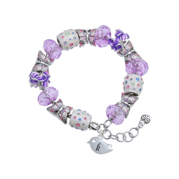 Delight Jewelry Silvertone Little Bird Initial - K - Purple Butterfly Bead Charm Bracelet, 7"+1" Extender