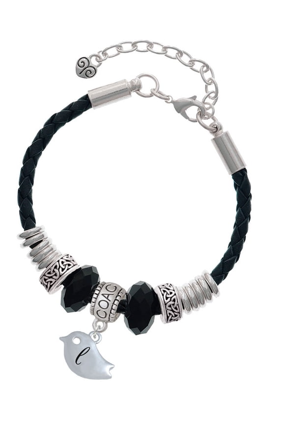 Silvertone Little Bird Initial - L - Coach Celtic Knot Leather Bead Bracelet, 7"+2" Extender