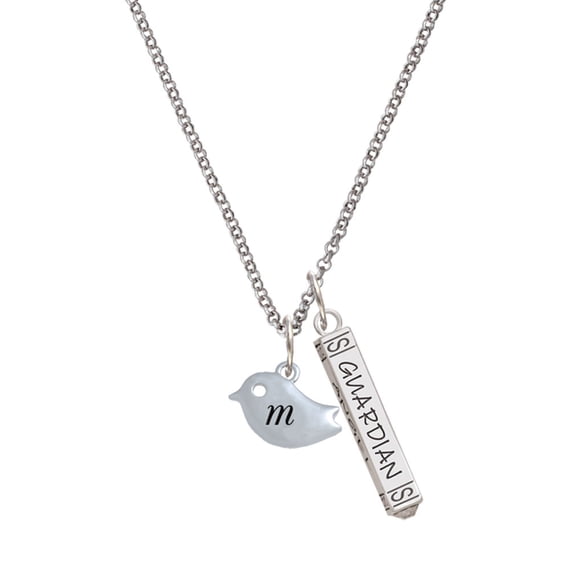 Delight Jewelry Silvertone Little Bird Initial - M - Silvertone Guardian Angel Bar Charm Necklace, 23"
