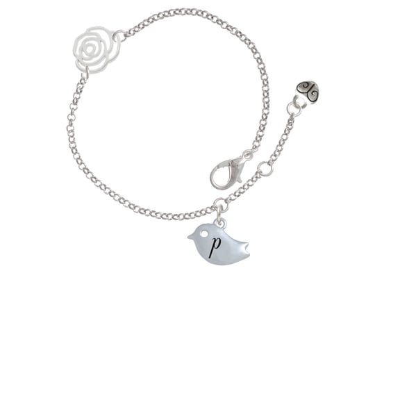 Delight Jewelry Silvertone Little Bird Initial - P - Silver-tone Rose Link Chain Bracelet, 6.25"+1.75" Extender