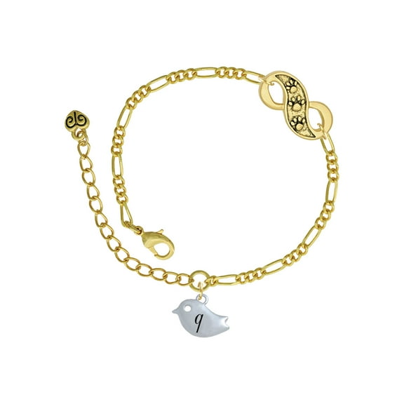 Delight Jewelry Silvertone Little Bird Initial - Q - Gold-tone Paw Infinity Link Chain Bracelet, 6"+2" Extender