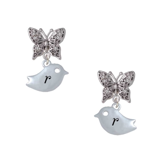Delight Jewelry Silvertone Little Bird Initial - R - Silvertone Antiqued Butterfly Post Earrings