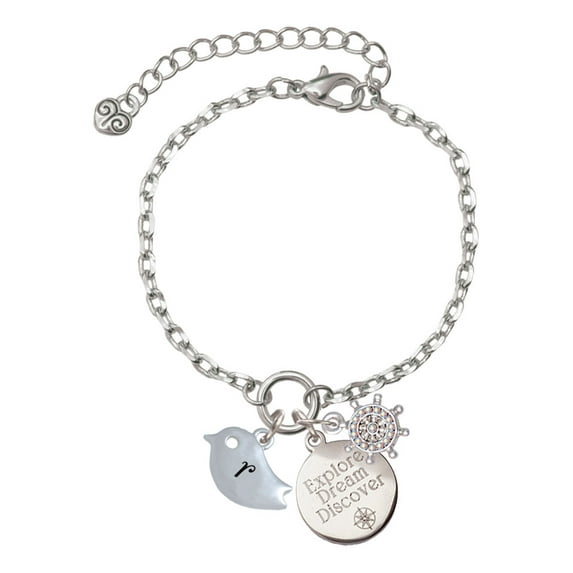Delight Jewelry Silvertone Little Bird Initial - R - Silvertone Discover Dream Explore Zoey Charm Bracelet, 6.5+2" Extender