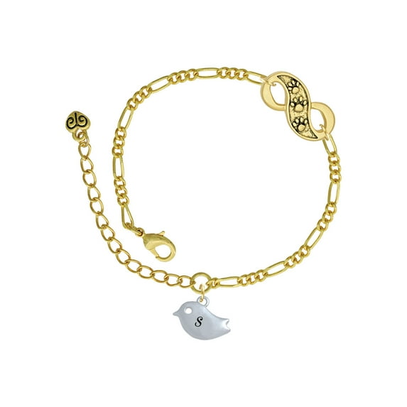 Delight Jewelry Silvertone Little Bird Initial - S - Gold-tone Paw Infinity Link Chain Bracelet, 6"+2" Extender