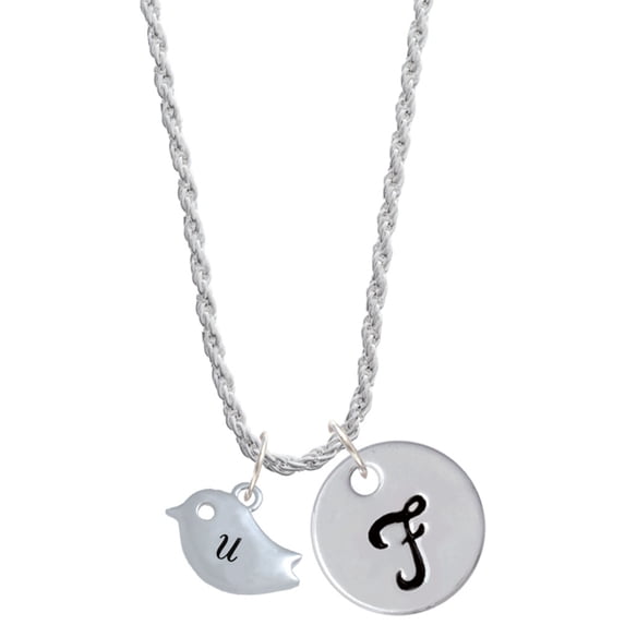 Delight Jewelry Silvertone Little Bird Initial - U - Silvertone Script Initial Disc - F - Charm Necklace, 20"+3"