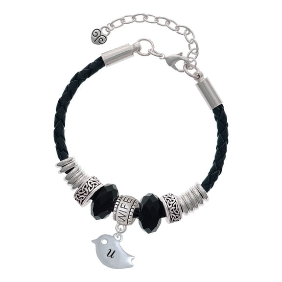 Delight Jewelry Silvertone Little Bird Initial - U - Wife Celtic Knot Leather Bead Bracelet, 7"+2" Extender