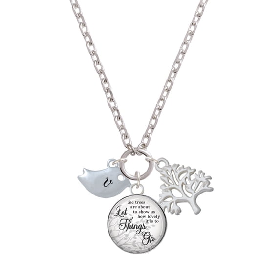 Delight Jewelry Silvertone Little Bird Initial - V - Let Things Go Fall Zoey Charm Necklace, 28"