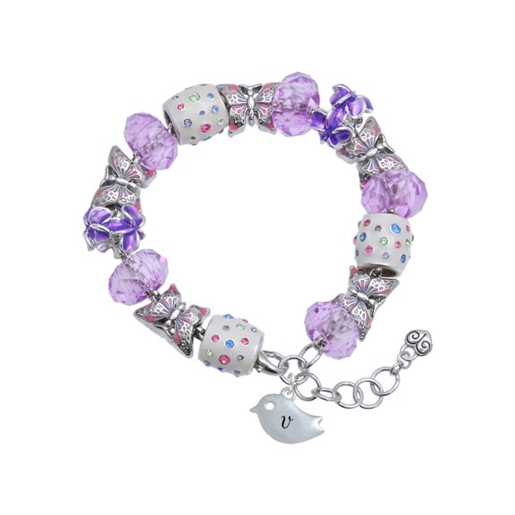 Delight Jewelry Silvertone Little Bird Initial - V - Purple Butterfly Bead Charm Bracelet, 7"+1" Extender