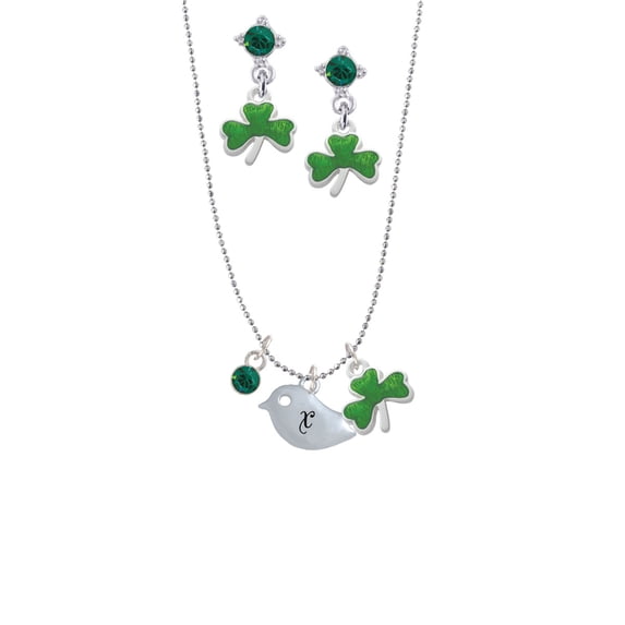 Delight Jewelry Silvertone Little Bird Initial - X - Green Shamrock Necklace and Clover Earrings Jewelry Set