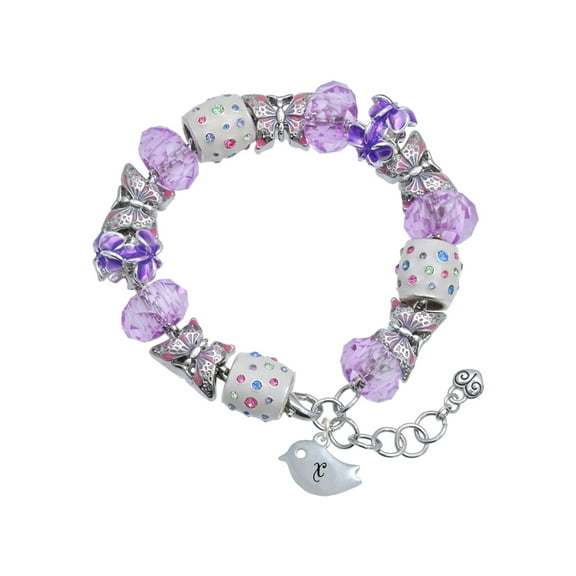 Delight Jewelry Silvertone Little Bird Initial - X - Purple Butterfly Bead Charm Bracelet, 7"+1" Extender