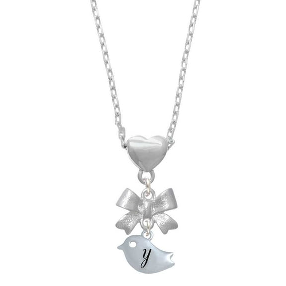 Delight Jewelry Silvertone Little Bird Initial - Y - Silver tone Bow Heart Necklace