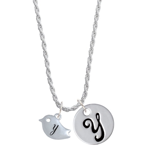 Delight Jewelry Silvertone Little Bird Initial - Y - Silvertone Script Initial Disc - Y - Charm Necklace, 20"+3"