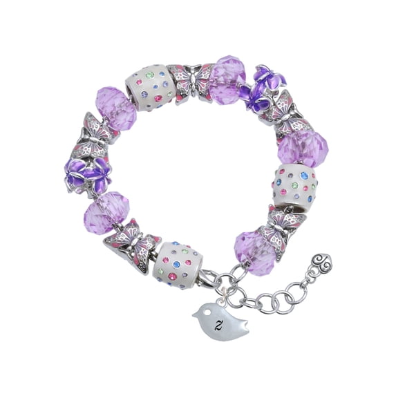 Delight Jewelry Silvertone Little Bird Initial - Z - Purple Butterfly Bead Charm Bracelet, 7"+1" Extender