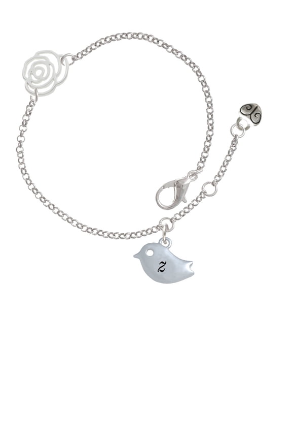 Silvertone Little Bird Initial - Z - Silver-tone Rose Link Chain Bracelet, 6.25"+1.75" Extender