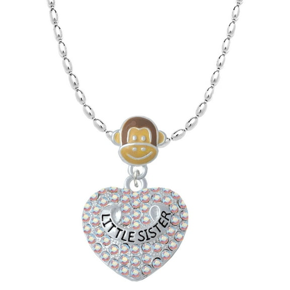 Delight Jewelry Silvertone Little Sister on AB Crystal Heart Mia Monkey Charm Necklace