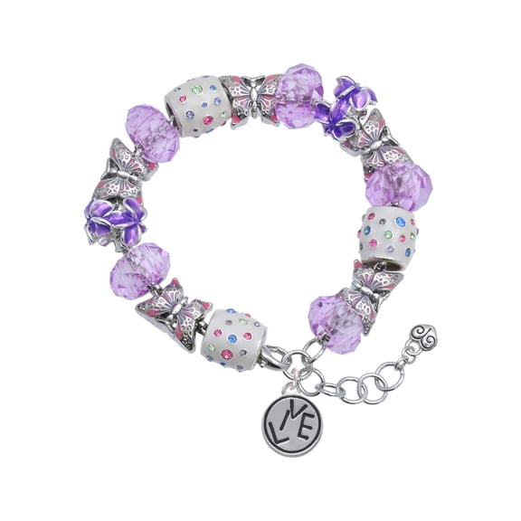 Delight Jewelry Silvertone Live in Circle Purple Butterfly Bead Charm Bracelet, 7"+1" Extender