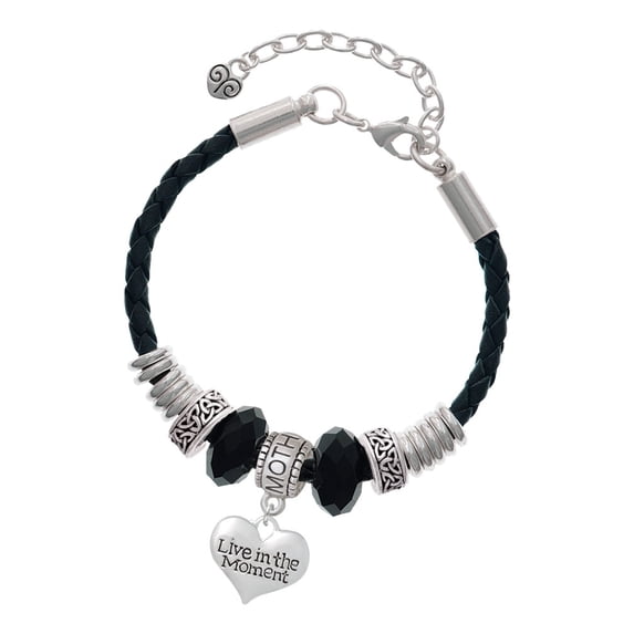 Delight Jewelry Silvertone Live in the Moment Heart Mother Celtic Knot Leather Bead Bracelet, 7"+2" Extender