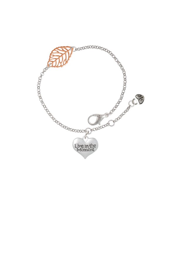 Silvertone Live in the Moment Heart - Rose Goldtone Leaf Delicate Bracelet, 6.25+1.75"
