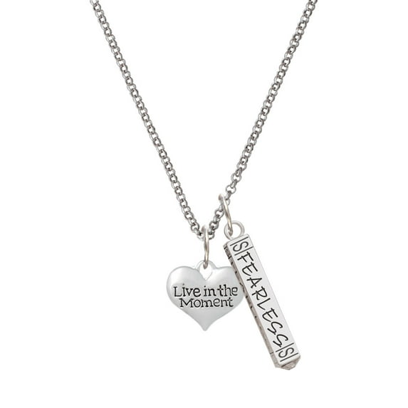 Delight Jewelry Silvertone Live in the Moment Heart Silvertone Fearless Bar Charm Necklace, 23"