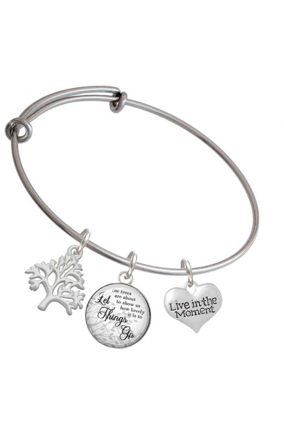 Silvertone Live in the Moment Heart Silvertone Let Things Go Tree Charm Bangle Bracelet