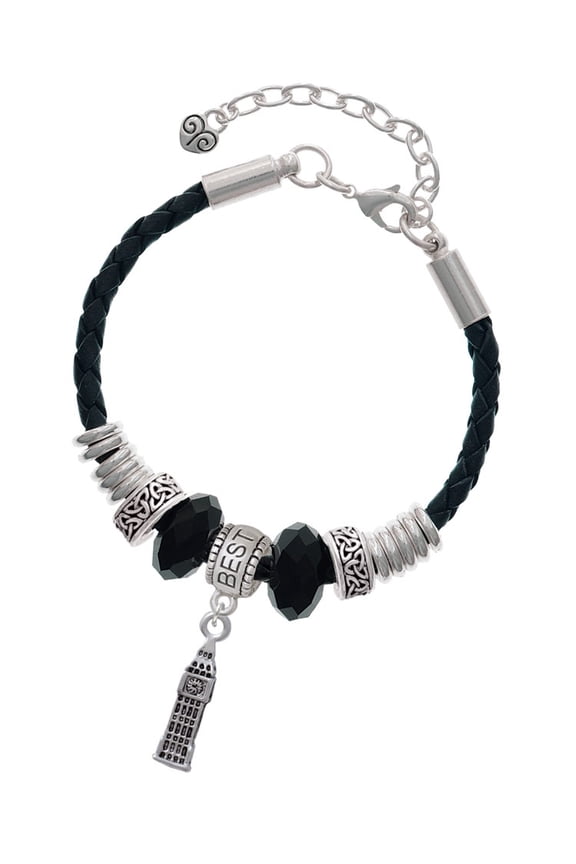 Silvertone London's Big Ben Clock Tower Best Friend Celtic Knot Leather Bead Bracelet, 7"+2" Extender