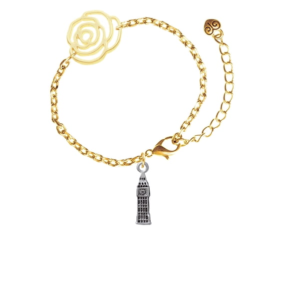 Delight Jewelry Silvertone London's Big Ben Clock Tower Gold-tone Flower Link Chain Bracelet, 6.75"+2" Extender