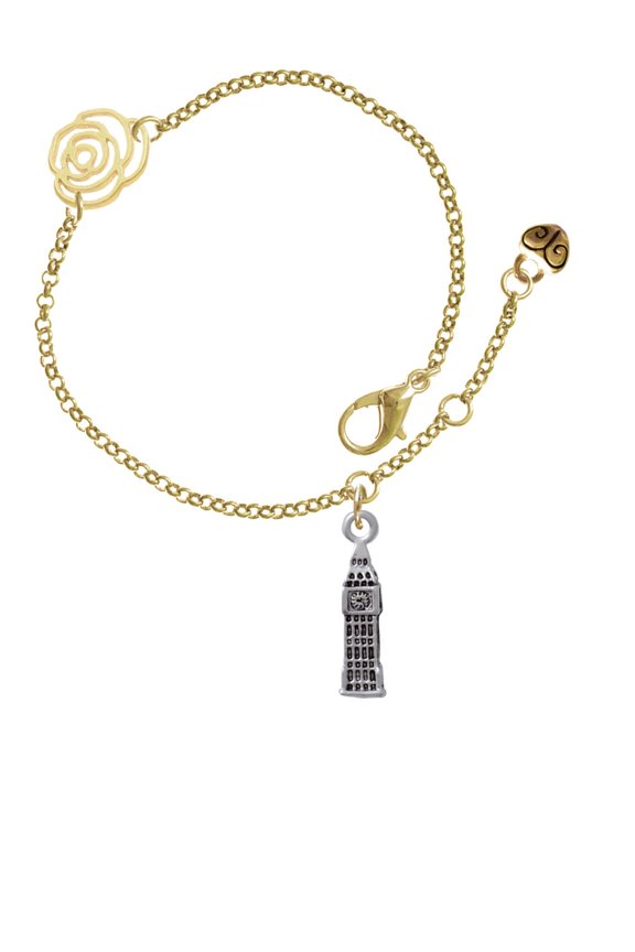 Silvertone London's Big Ben Clock Tower Gold-tone Rose Link Chain Bracelet, 6.25"+1.75" Extender