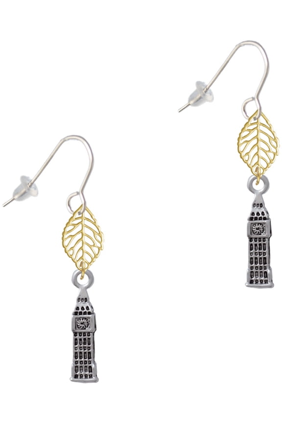 Silvertone London's Big Ben Clock Tower Goldtone Leaf French Earrings
