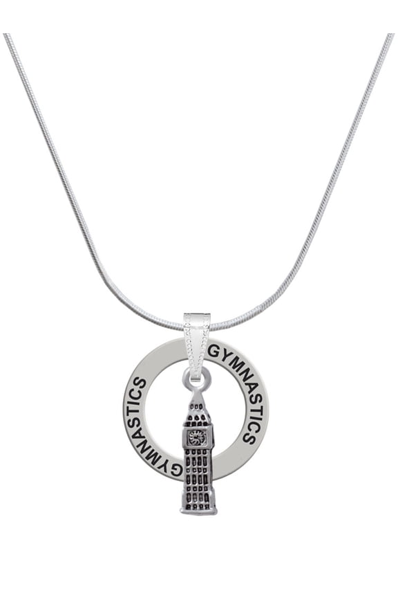 Silvertone London's Big Ben Clock Tower Gymnastics Ring Charm Necklace, 18"