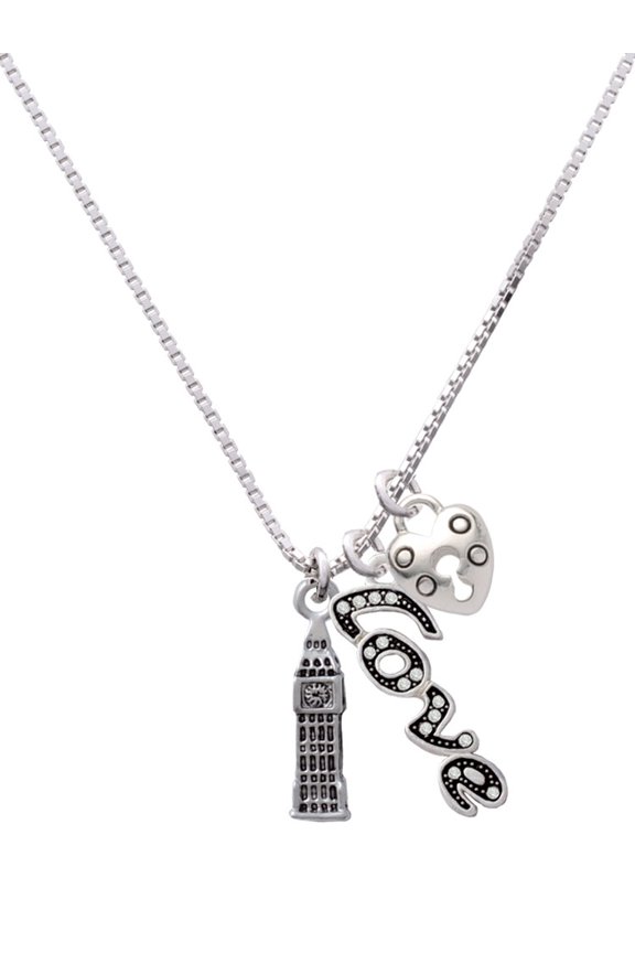 Silvertone London's Big Ben Clock Tower - Love and Lock Charm Necklace, 18"+1"
