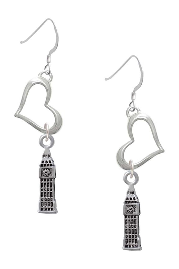 Silvertone London's Big Ben Clock Tower Open Heart French Earrings