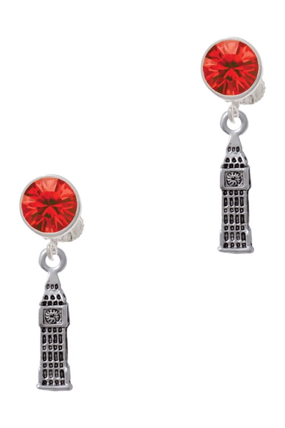 Silvertone London's Big Ben Clock Tower Red Crystal Clip on Earrings