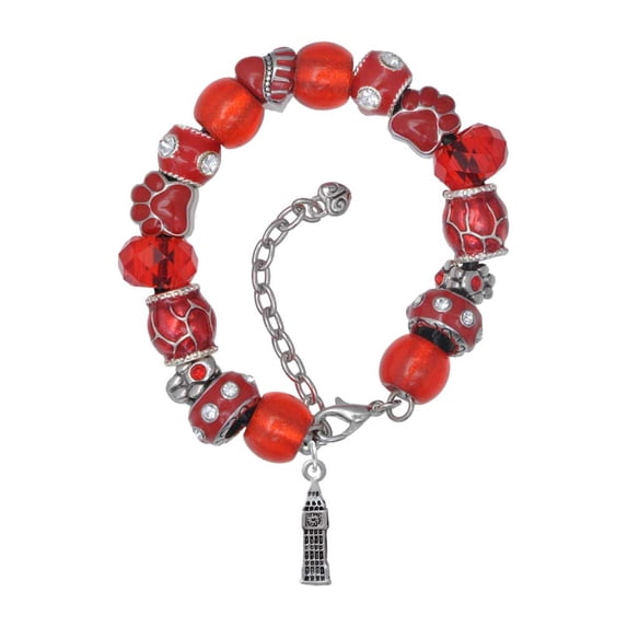 Delight Jewelry Silvertone London's Big Ben Clock Tower Red Paw Print Bead Bracelet, 7"+2"