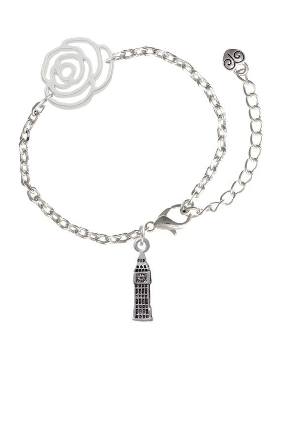 Silvertone London's Big Ben Clock Tower Silver-tone Flower Link Chain Bracelet, 6.75"+2" Extender