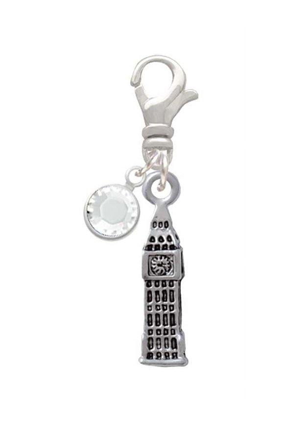 Silvertone London's Big Ben Clock Tower - Silvertone Clip on Charm with Clear Crystal Drop