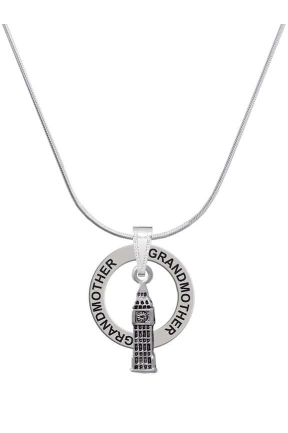 Silvertone London's Big Ben Clock Tower Silvertone Grandmother Ring Charm Necklace, 18"