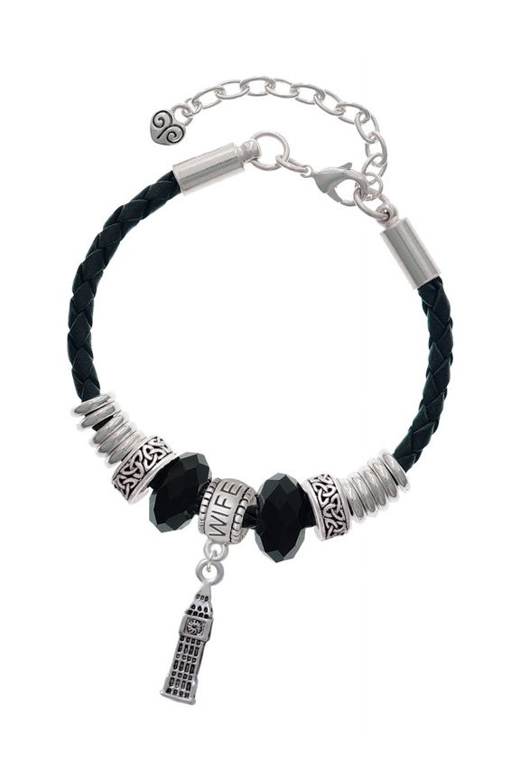 Silvertone London's Big Ben Clock Tower Wife Celtic Knot Leather Bead Bracelet, 7"+2" Extender
