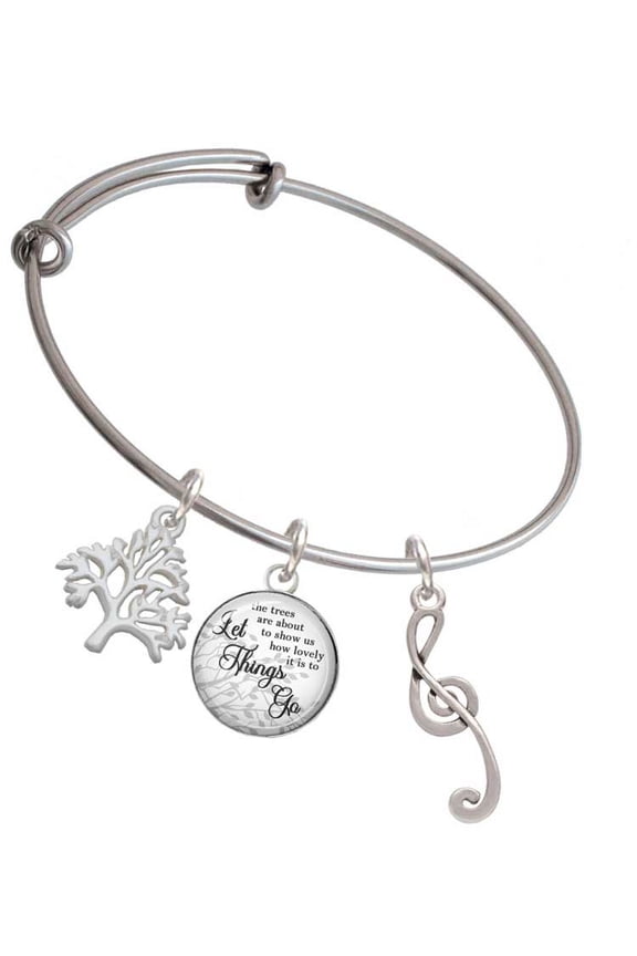 Silvertone Long Curly Clef Silvertone Let Things Go Tree Charm Bangle Bracelet