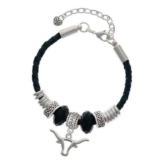 Delight Jewelry Silvertone Longhorn Head Outline Granddaughter Celtic Knot Leather Bead Bracelet, 7"+2" Extender