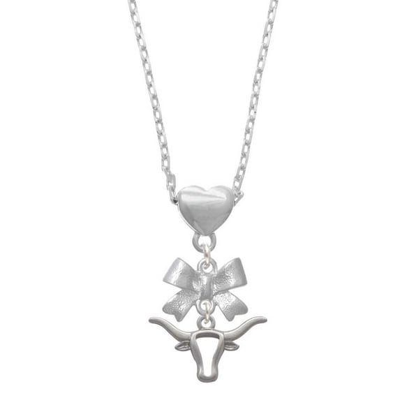 Delight Jewelry Silvertone Longhorn Head Outline Silver tone Bow Heart Necklace